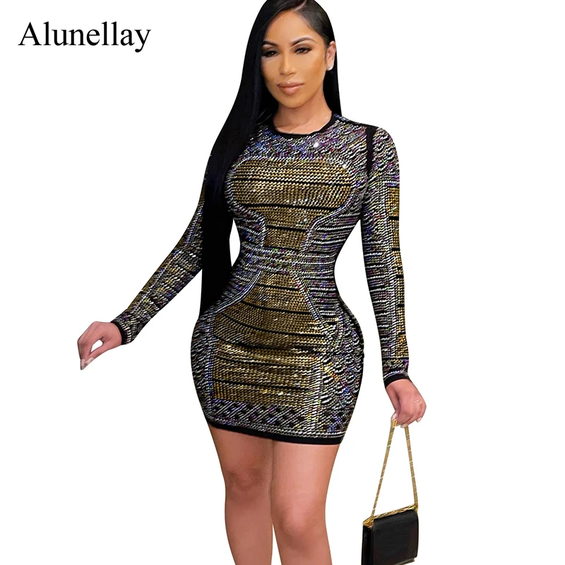 

Женское летнее облегающее платье с длинным рукавом, соблазнительное облегающее вечернее платье со стразами, облегающее элегантное мини-пл...