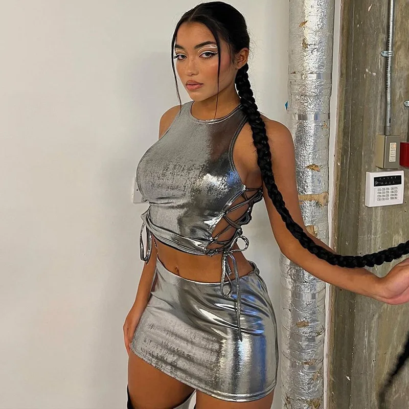 

Ekaliy Hollow Out Metallic Two Piece Sets Womens Outifits Lace Up Crop Top Mini Skirt Suits Y2K Sexy Night Club Rave Streetwear