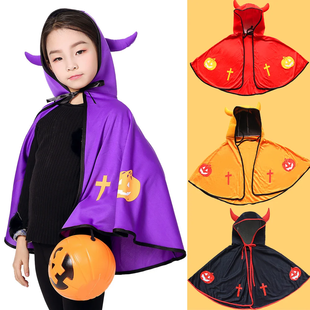 

Kids Halloween Devil Horn Cloak Cosplay Cape For Hooded Funny Party Costume Boys Girls Child sorcerer Witch Magic Carnival Props