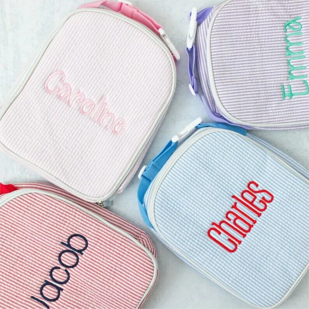 Monogrammed Seersucker Lunch Box Personalized Custom Child's Lunch Box Embroidered School Lunch Box Insulated Reusable Lunch Bag
