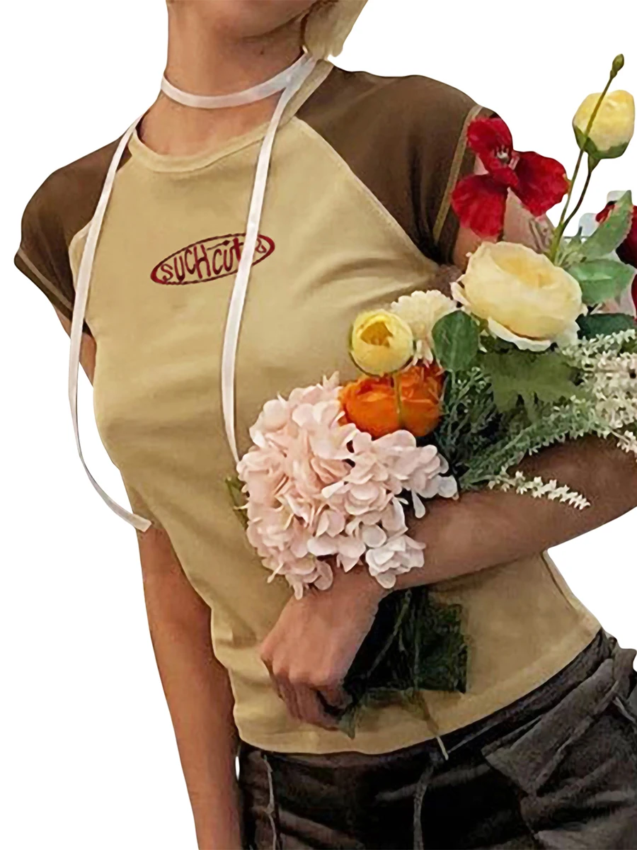 

Женские топы, Уличная Повседневная рубашка с коротким рукавом и круглым вырезом, с нашивками, универсальная облегающая футболка для повседневной носки