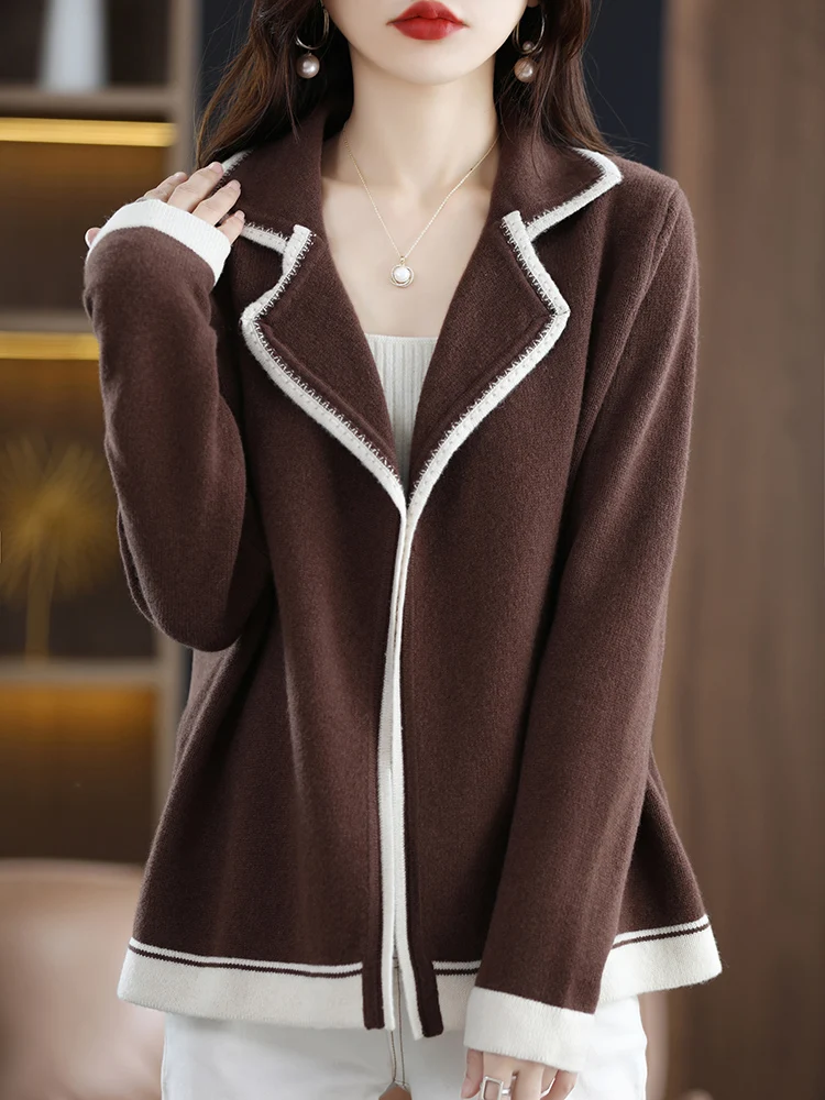 100% wool cashmere sweater women's new color matching loose lapel knitted full-sleeve cardigan high-end fashion coat sweater