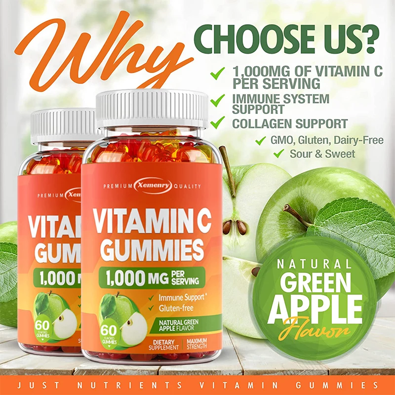 

Жевательные резинки с витамином C 1000 мг для взрослых и детей-мощная Иммунная поддержка, поддержка коллагена для кожи-жевательное Зеленое яблоко-60 жевательных резинок