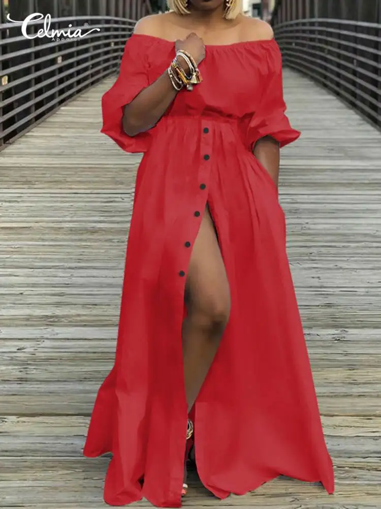 

2023 Celmia Elegant Lantern Sleeve Robe Bohemian Women Fashion Off Shoulder Long Dresses High Slit Summer Strapless Beach Dress