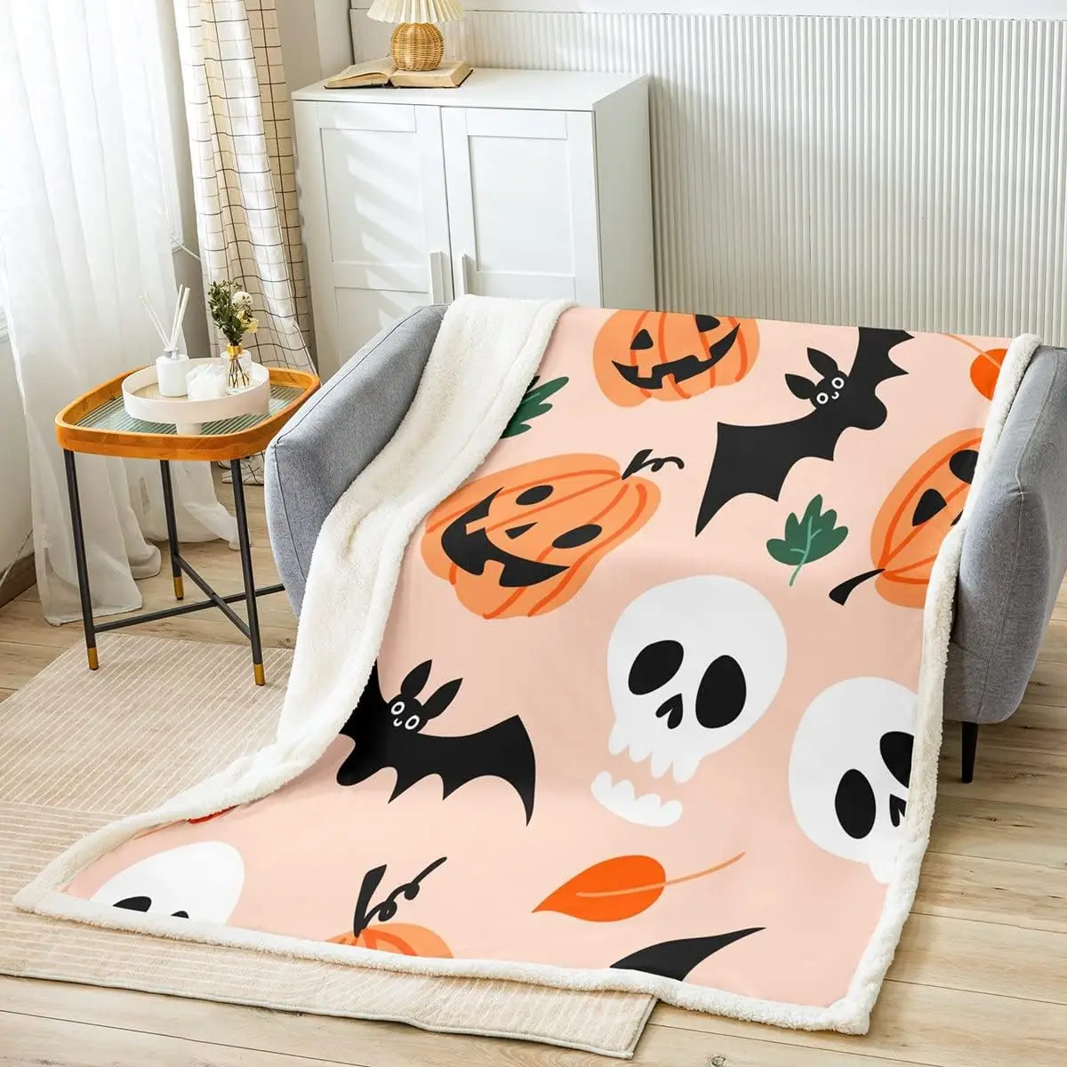 

Halloween Fleece Throw Blanket Cartoon Pumpkin Skull Bats Sherpa Blanket for Bed Sofa Couch Bedroom Cute Halloween Theme