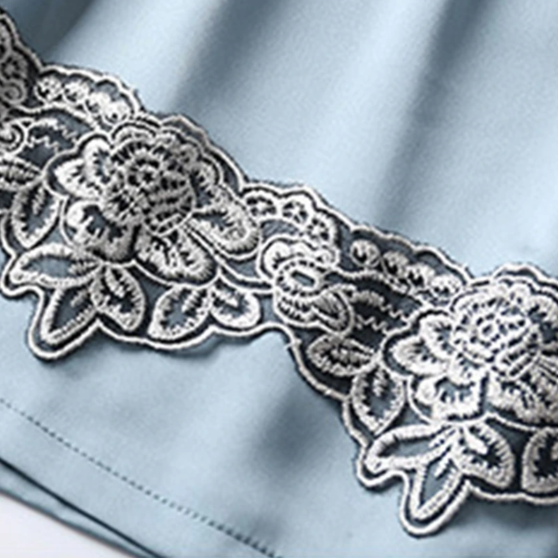 Women Autumn Ice Silk 4 Pieces Pajamas Set Cami Top Long Pants Dress Robe Embroidery Lace Trim Sexy Sleepwear with Chest Pads Ni