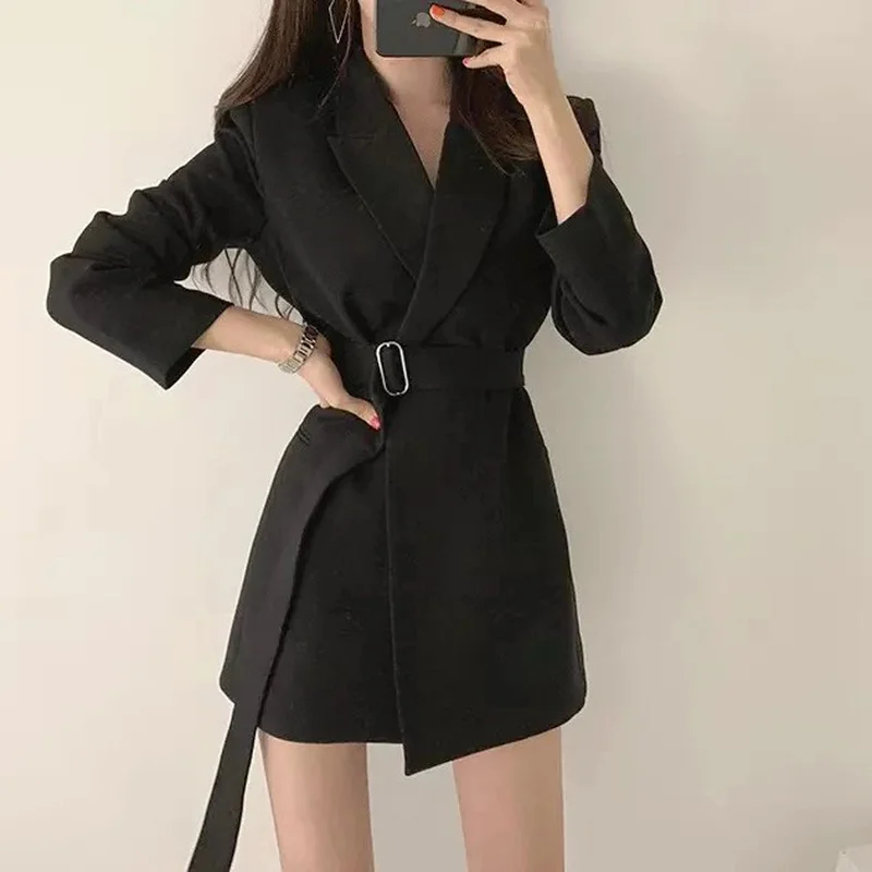 Korean Fashion Elegant Casual Office Blazer Women 2021 Solid Free Sashes Commute Blazer Urbane Lady Work Wear Formal Clothing