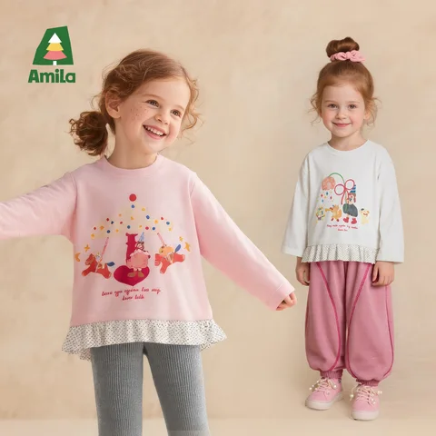 Топ с рюшами Amila для девочек, весенняя хлопковая футболка с длинными рукавами и мультяшным принтом, детский повседневный топ с оборками по подолу, розовый, белый, модный топ с рюшами для малышей