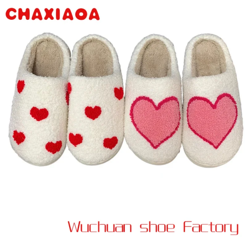 

New Winter face Home Slippers Warm Cute Flat fuzzy red heart Pattern Indoor Heart Slippers for women