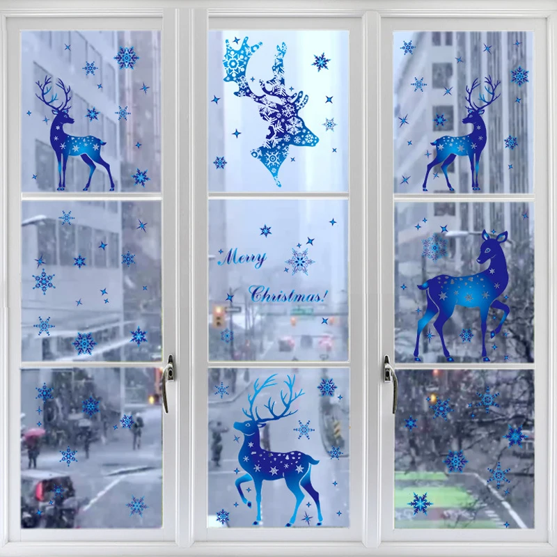 

Merry Christmas Window Stickers Blue Elk Snowflake Sticker Christmas Decorations for Home Navidad 2024 New Year Decals Supplies