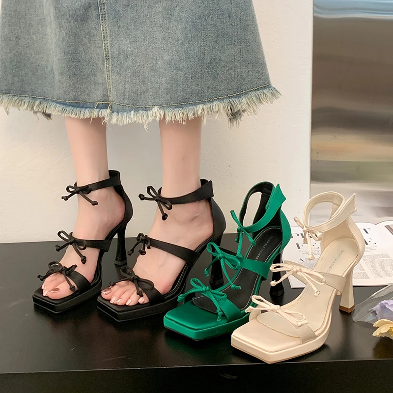 

BCEBYL весенне-летняя модная новинка с бантом и квадратным носком на шпильке элегантная пикантная Банкетная женская обувь на высоких каблуках сандалии