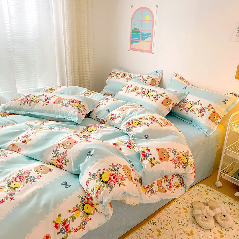 

Kawaii Bear Bed Linen Floral Duvet Cover Pillowcase Cute Bedding Set Cartoon Bed Sheet Quilt Cover Single Queen King Size
