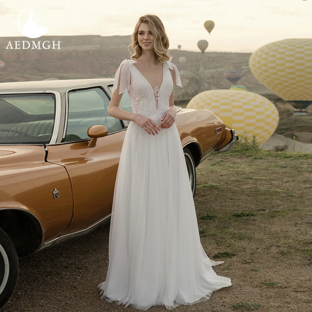 

Aedmgh A-Line Boho Wedding Dresses 2022 V-Neck Sleeveless Bow Vestido De Novia Beaded Shiny Backless Romantic Robe De Mariee