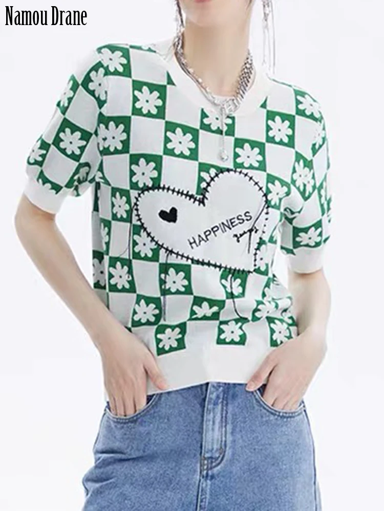 

Женская трикотажная футболка в клетку Namou Drane, Повседневная Свободная футболка с коротким рукавом и цветочным принтом, лето 2023
