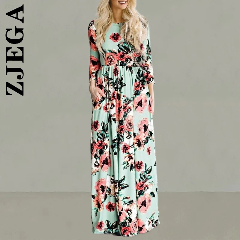 

Zjega Long Sleeve Women Fashion Dress Soft Ladies Dress Maxi Dress Floral Print Evening Party Women Clothing Female Vestidos