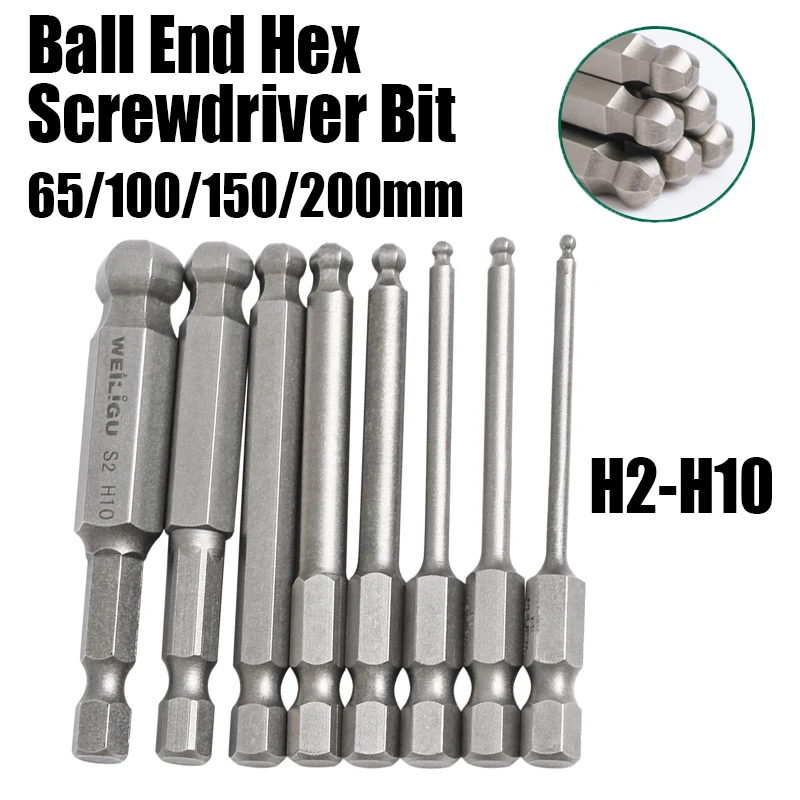 

65/100/150/200mm H2-H10 Ball End Hex Screwdriver Bit Set Metric Magnetic Ball Head Allen Screwdriver Tool 1/4" 6.35mm Hex Shank