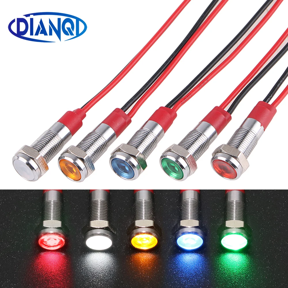 

6mm Metal Indicator Nickel Plated Brass LED Waterproof Light Signal Lamp Wire 3V 6V 12V 24V 220V Red Yellow Blue Green White