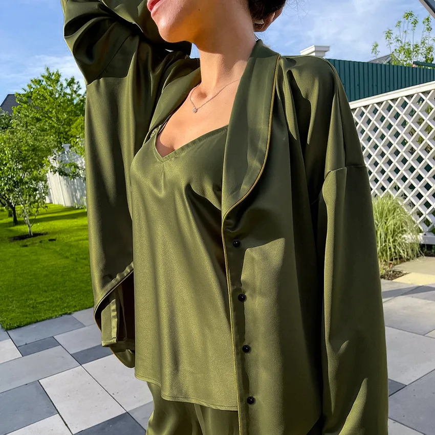 New Designs Luxury Pajamas For Women Set 2022 Designer Pajamas 3PCS Set Nightwear Women Satin Pajamas