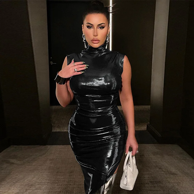 

Женское облегающее платье средней длины, Элегантное зимнее платье из искусственной кожи с высоким воротником и разрезом, украшенное драпир...