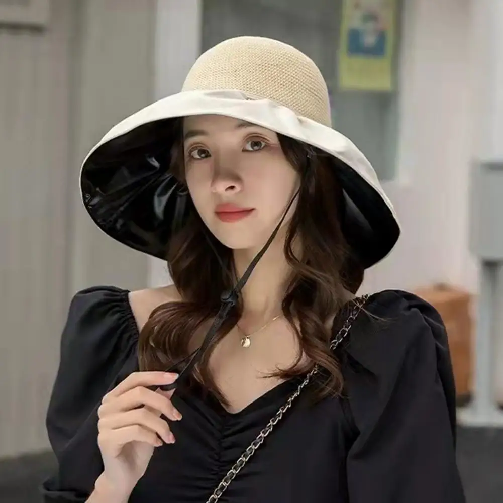 

Beach Hat Lightweight Braided Heat-isolating Bow Decor Wide Brim Sun Hat Summer Sun Cap Female Cap