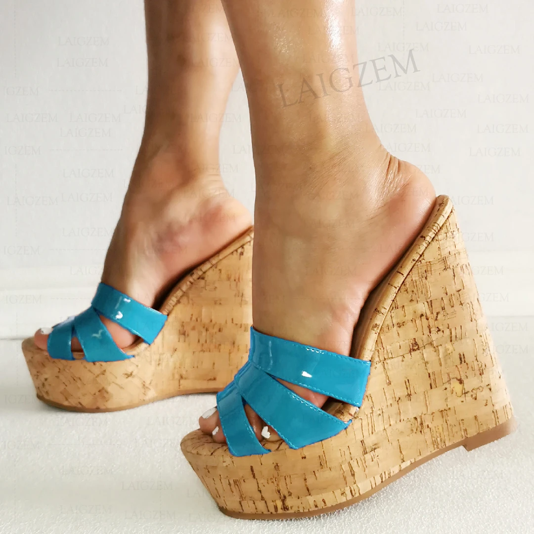 SEIIHEM Women Platform Wedges Shiny Peep Toe Cork Print Mules Slip on Slides Height Increase Shoes Woman Big Size 41 43 44 48 52