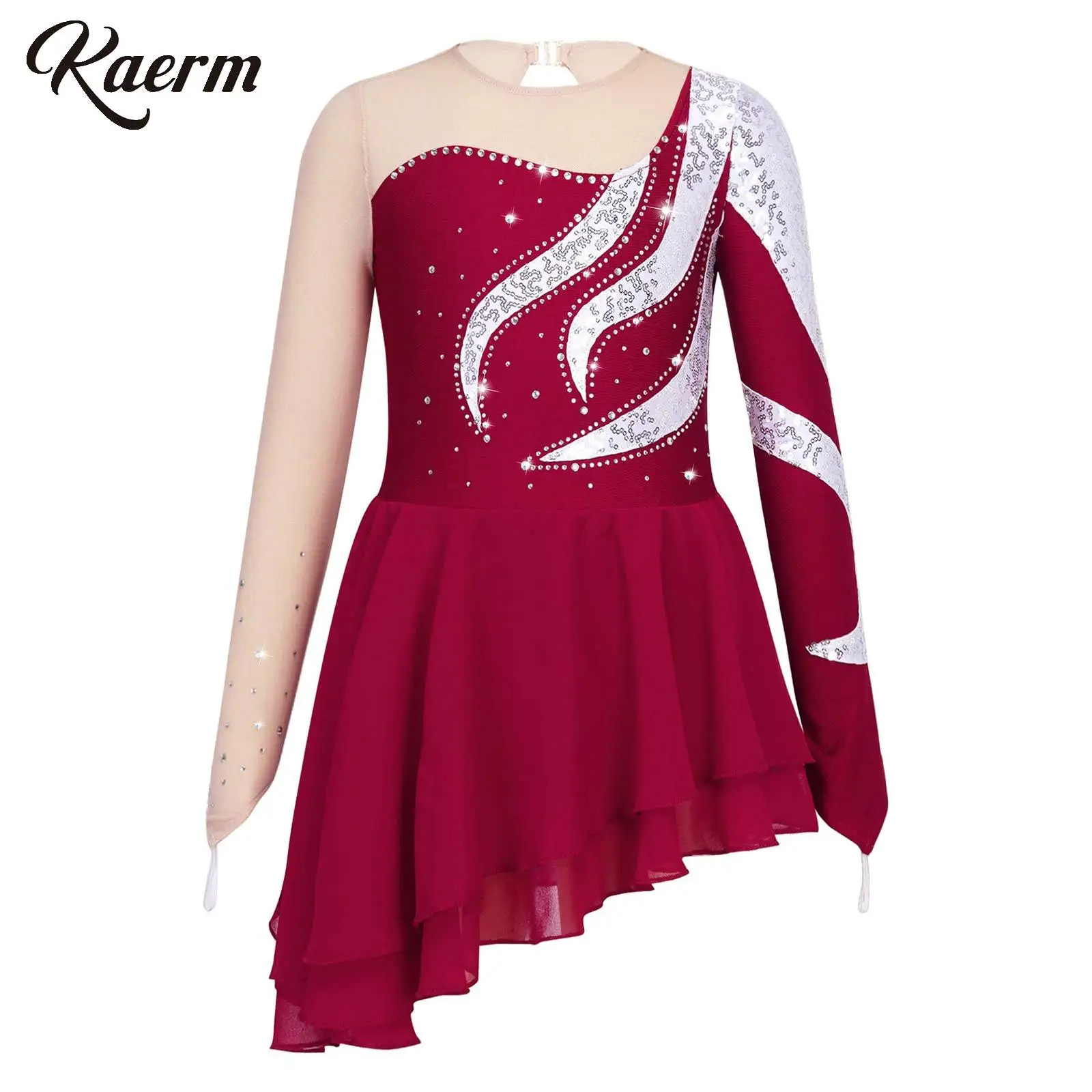 

Big Girls Sequins Sleeve Splice Figure Ice Skating Dress Ballet Leotard Irregular Skirts Ballerina Lyrical Dancewear Stage Suit