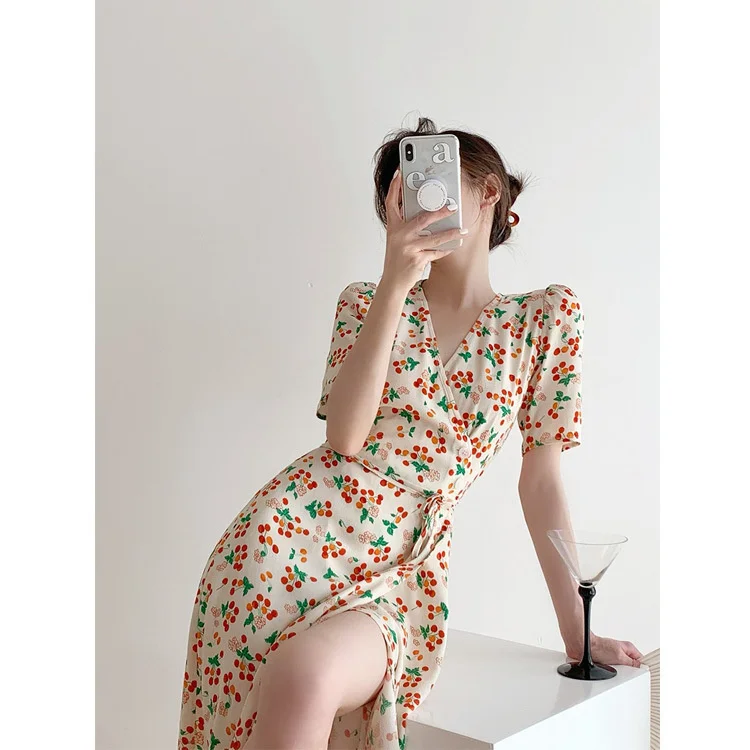 

Fashion Women Dress French Print Waist V-neck Dress First Love Sweet Cherry Split Floral Tea Dress