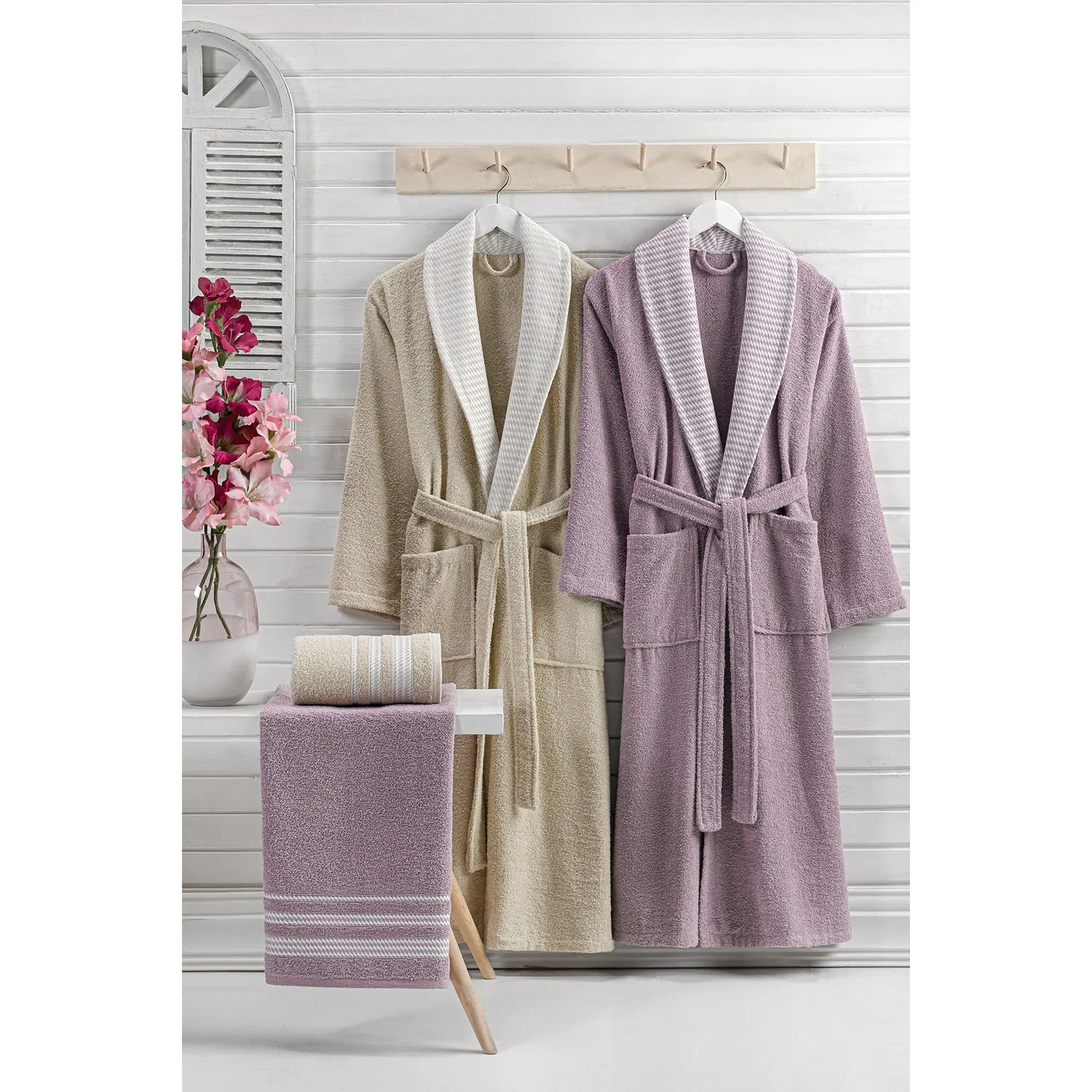 Özenev Royal 4 Piece Family Robe Set Cotton Soft Plaids Luxury Geometric Beige Lilac First Class Quality Casual Comfortable Use