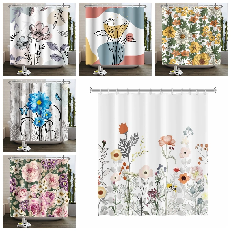 

Floral Shower Curtain Boho Spring Flower Colorful Pink Waterproof Bathroom Curtain for Bathtub Decoration with Hooks 180x200