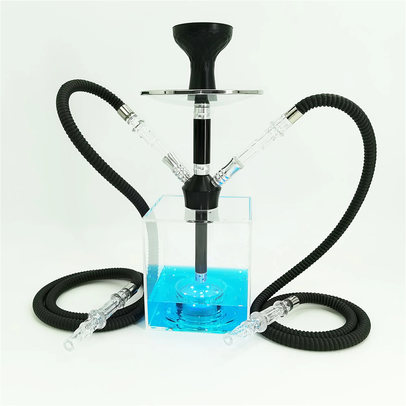 

2 Silicone Hose Large Capacity Cube Complete Kit Aluminum Stem with Diffuser Magical Remote LED Light Hookah Narguile Smoking