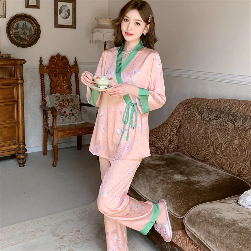 2023 Spring and Autumn New Pajamas Women's Artificial Silk Long-Sleeved Trousers Cardigan Flower Home Wear Lace-up Suit