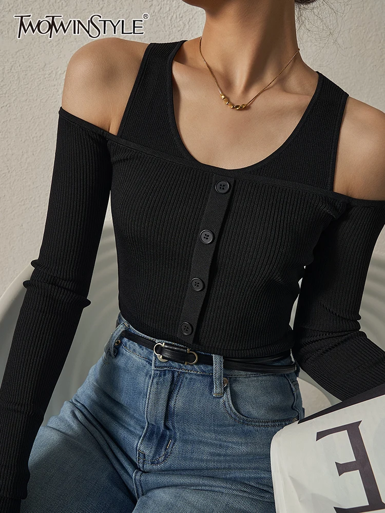 

TWOTWINSTYLE Temperament Two Piece Set Female Round Neck Sleeveless Tank Tops Long Sleeve Off Shoulder Shirts Knitting Sets 2022