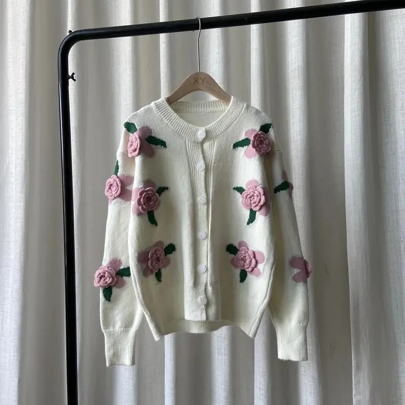 

Female Vintage Knitwear Cardigan Jacket Preppy Style Women's Heavy Industry Rose Embroidery Sweater Coat New Autumn Winter Tops