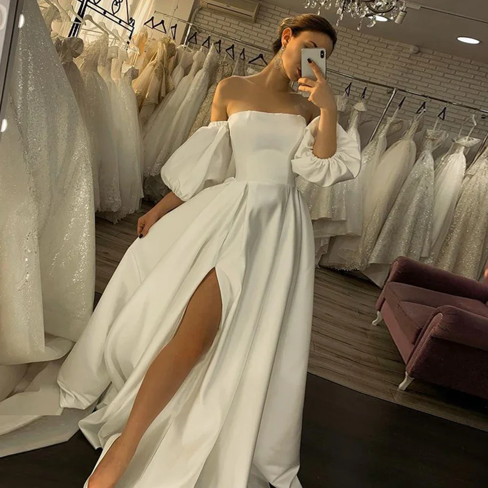 

Real Photo Strapless A-Line Wedding Dresses Vestido De Noiva Sexy Split Satin Cheap Wedding Gown Formal Bride Dress Lace-up