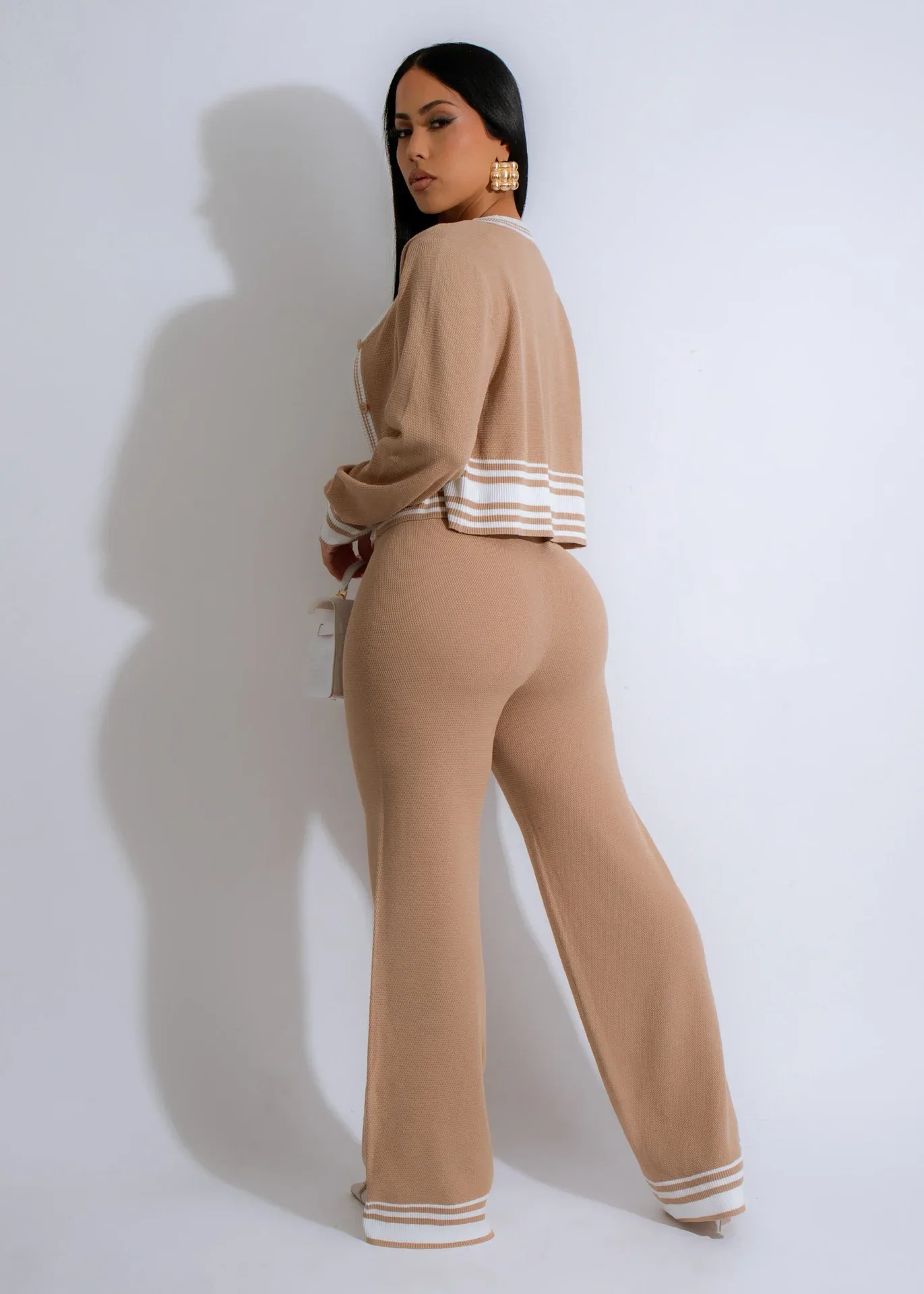 Зимний женский трикотажный кардиган с длинным рукавом и брюки широкими