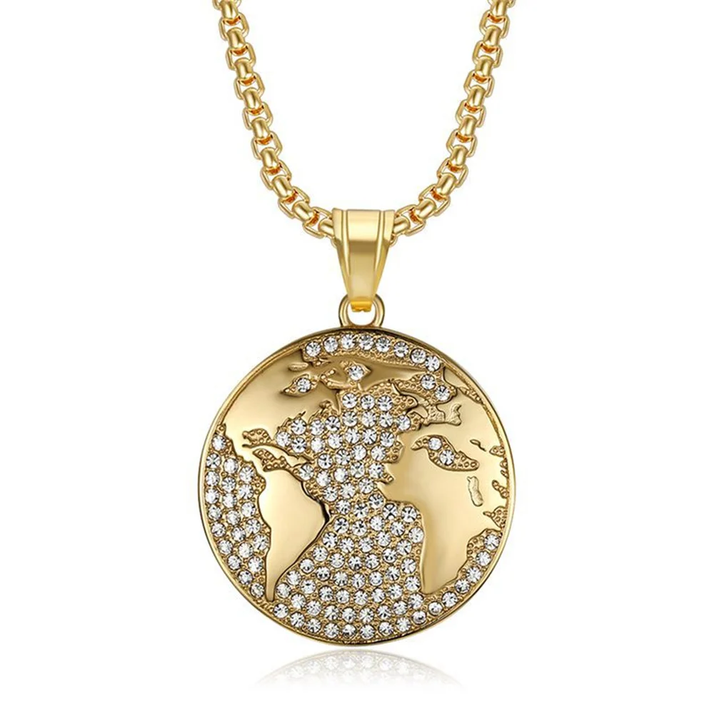 

Hip Hop Iced Out Bling Globe World Map Necklaces Male Gold Color Stainless Steel Pendant & Chains For Men Jewelry Dropshipping