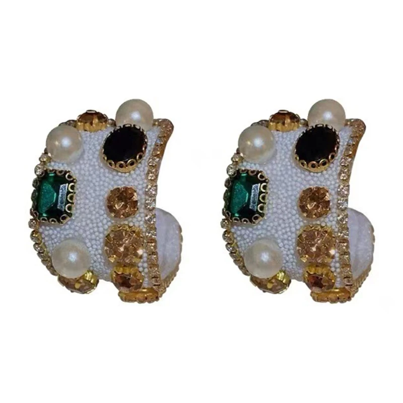 

C-shaped Earring Set Colorful Diamond Pearl Earrings Geometric Earrings for Girl