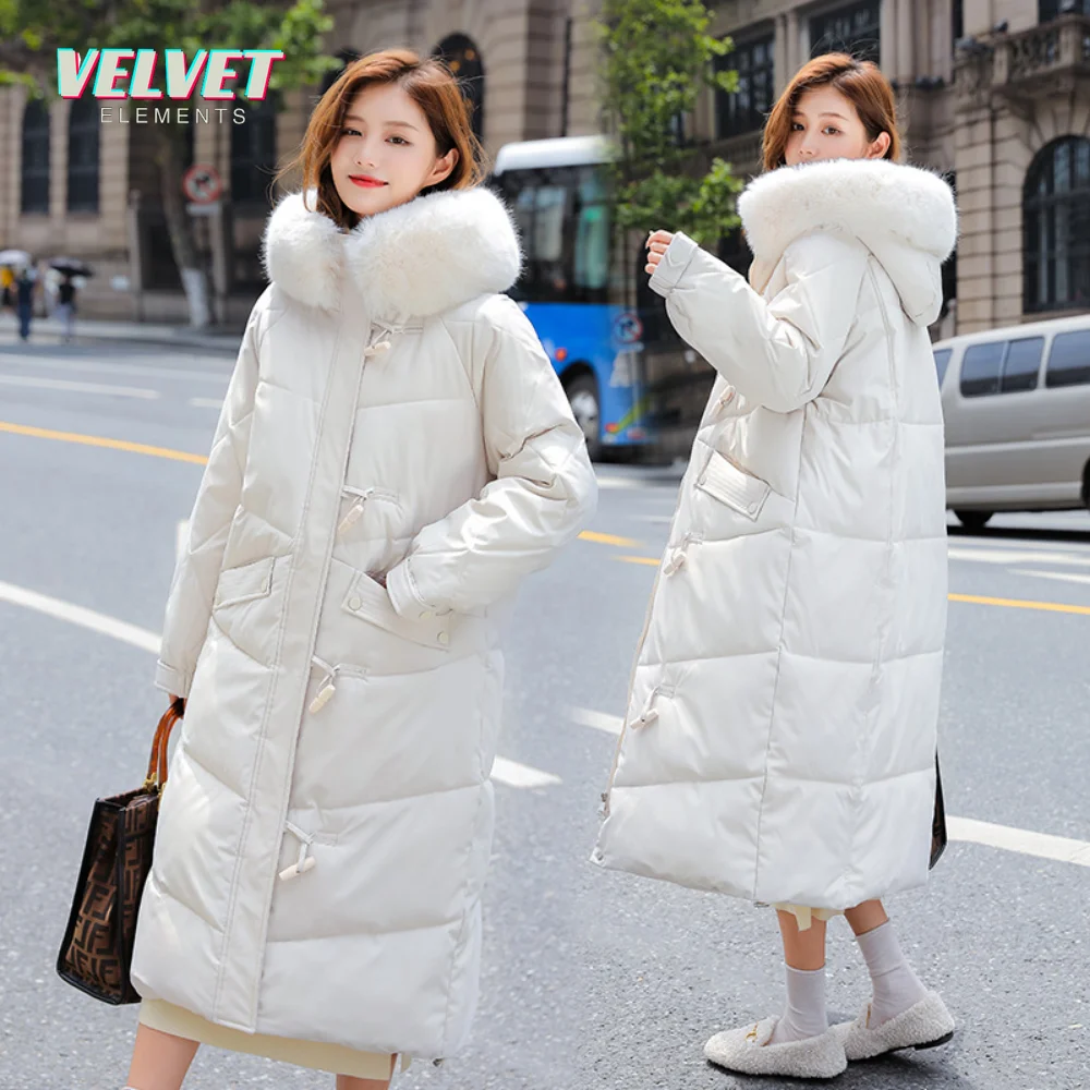 VelvetElement Winter Parkas Women Large Fur Collar Hooded X-Long Jacket Thickness Cotton Padded Overcoat -30 Degree Snow Outwear