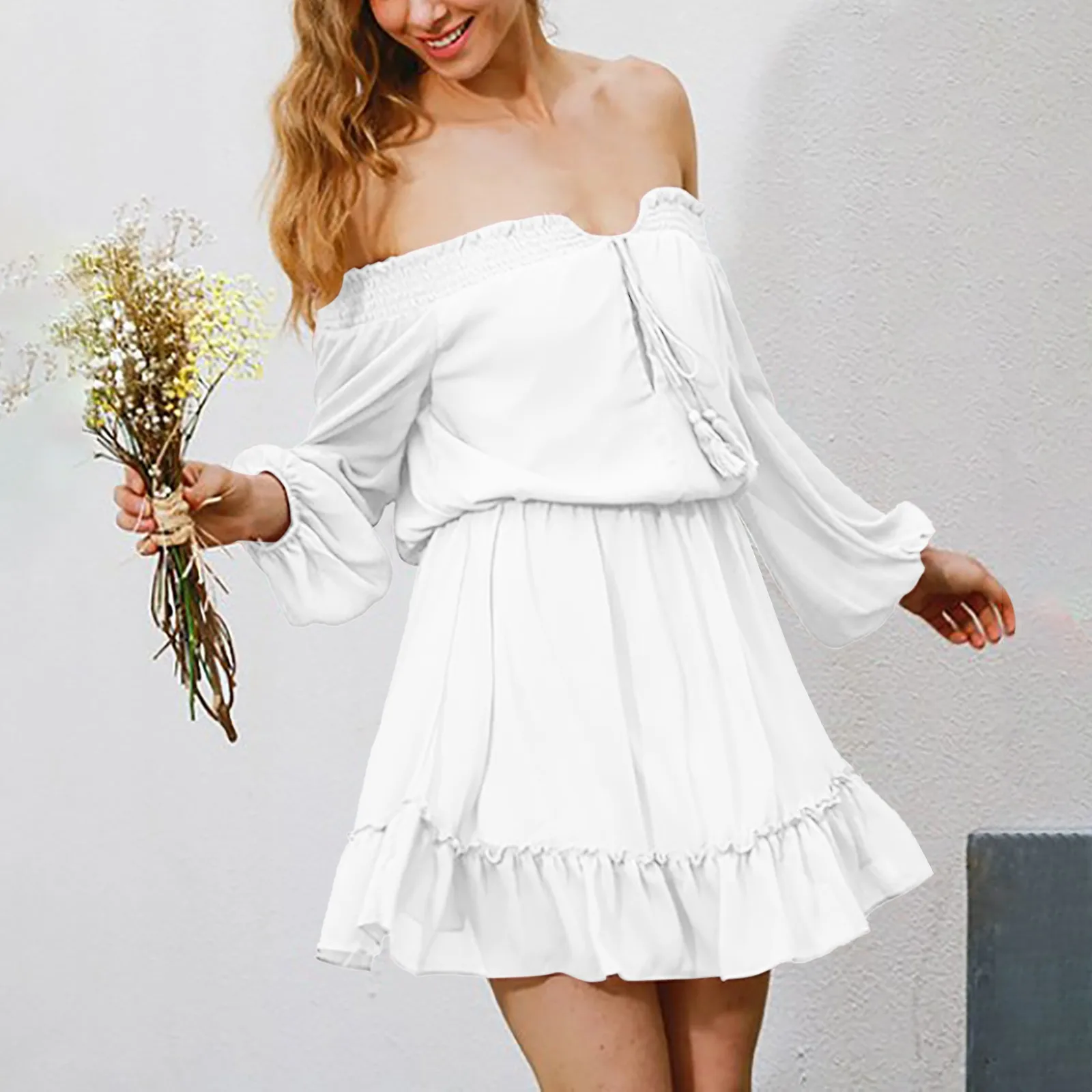 

2023 Elegant Dress Women's Puff Sleeve Off Shoulder Dress Flowy Dress A Line Ruffled Mini Dress vestido navidad mujer
