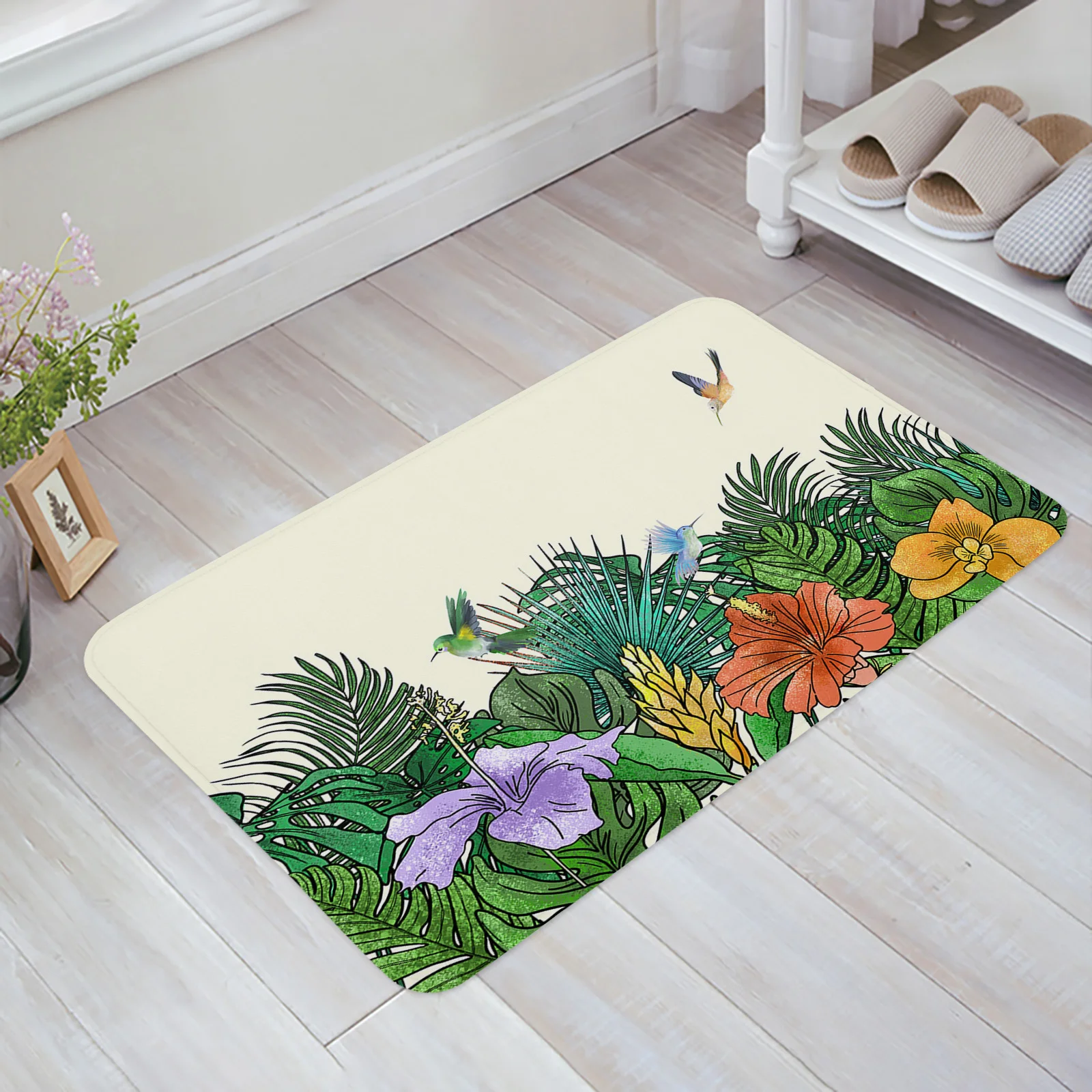

Tropical Monstera Hummingbird Flower Welcome Floor Mats Bathroom Kitchen Carpets Doormats Anti-Slip Floor Mat for Living Room