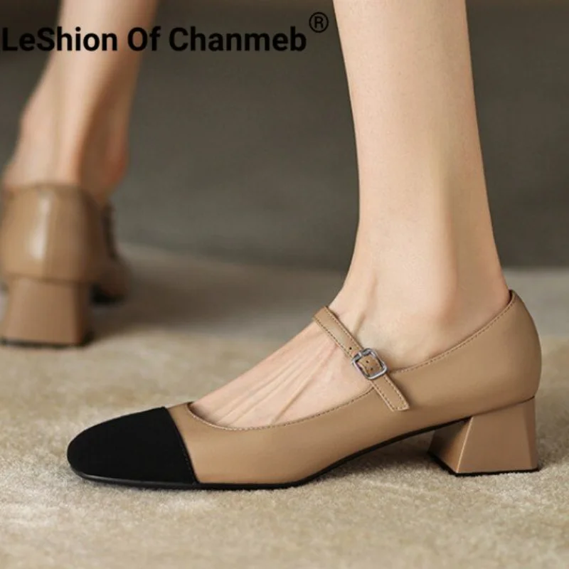 

LeShion Of Chanmeb Sheep Leather Women Mary Janes Pumps Brand Mixed Color Thick Mid-heels Shoes Square Toe Buckle Ladies Pump 43