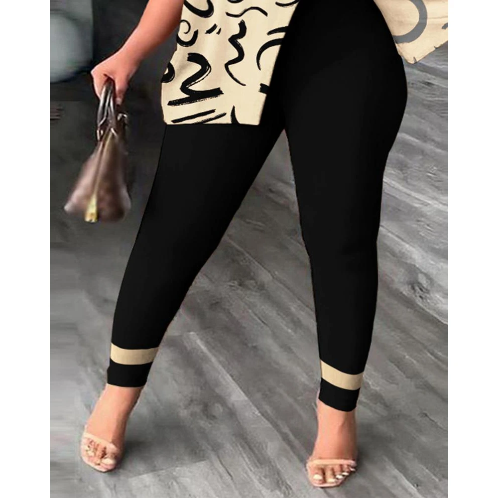 Summer Women Abstract Random Print Split Hem Skew Neck Short Sleeve Top & Pants Set Causal 2023 Two Pieces Suit y2k Clothes