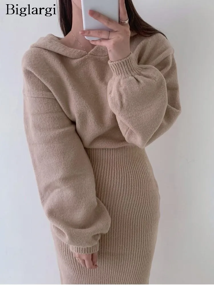 

Женское трикотажное платье с капюшоном, облегающее платье с высокой талией и длинным рукавом, модель 2023 в Корейском стиле на осень и зиму