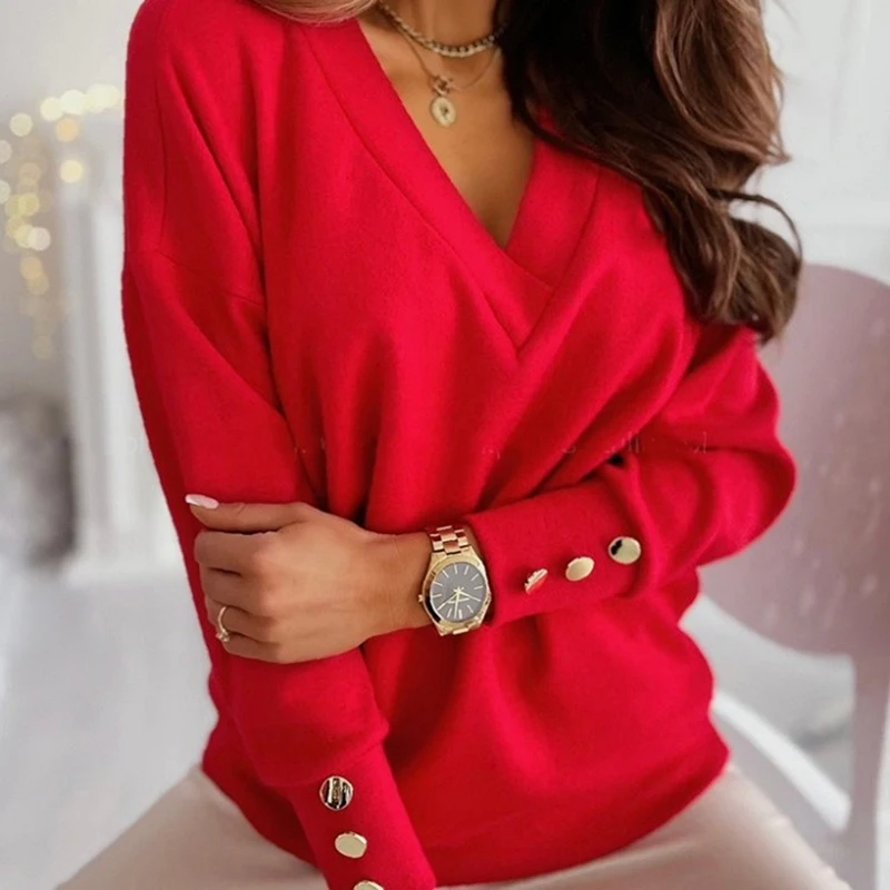 

Sweaters Women Shirt Long Sleeve Loose Sweater Solid Color Tops Cuff Buttons V-Neck Sweater Women Classic Basic Hoody Pullover