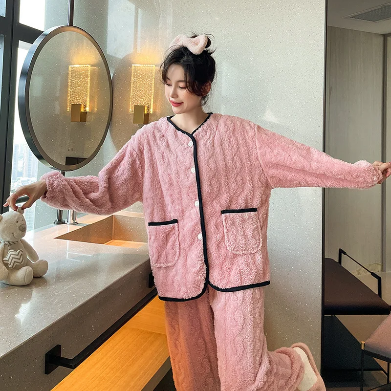 Autumn and Winter New Thickened Cotton Velvet Coral Velvet Pajamas Women's Long-Sleeved Trousers Warm Suit Flannel Home Wear