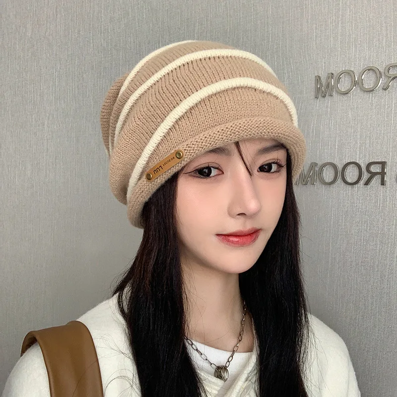 

High Texture Striped Knitted Hat women Simple And Cute Contrasting Color Pullover Cap Warm All-match Street Shooting Beanie Hats