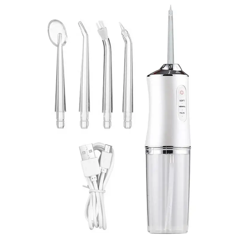 

Portable Oral Irrigator Water Jet Flosser Electric Tooth Cleaning Device Rechargeable Water Pick Mouth Washing 200ML 4 Nozzles