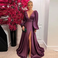 verngo women dark purple formal evening dresses long sleeves satin v neck side slit mother party event outfit simple prom gowns