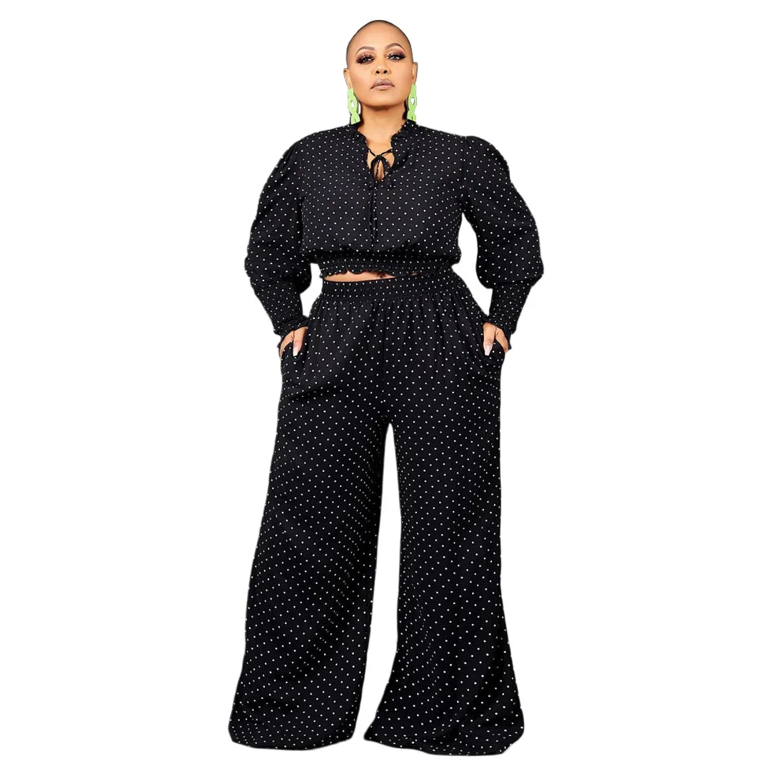 Plus Size Xl-5xl Fall Clothes for Women Two Piece Set Black Casual Dot Long Sleeve Top and Wide Leg Pants 2 p 3xl 4xl 5xl 6xl