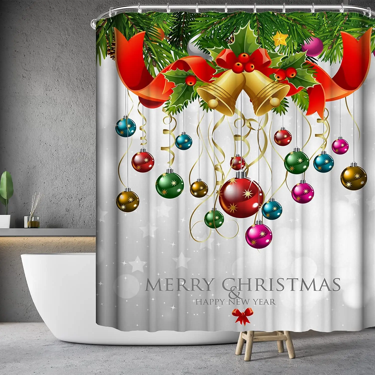 Рождественская душевая занавеска Золотая декоративная с колокольчиком на